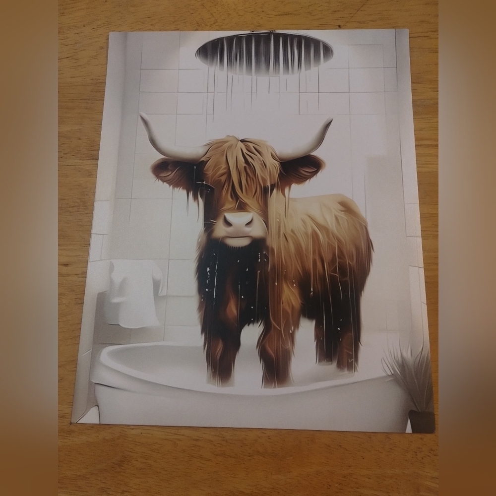 New farmhouse bathroom decor fuzzy cow in shower 8x10 print